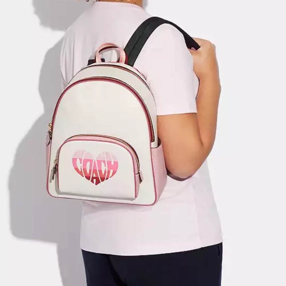 Coach Court Stripe Heart Motif Pebble Leather Chalk White Backpack - Picture 4 of 16